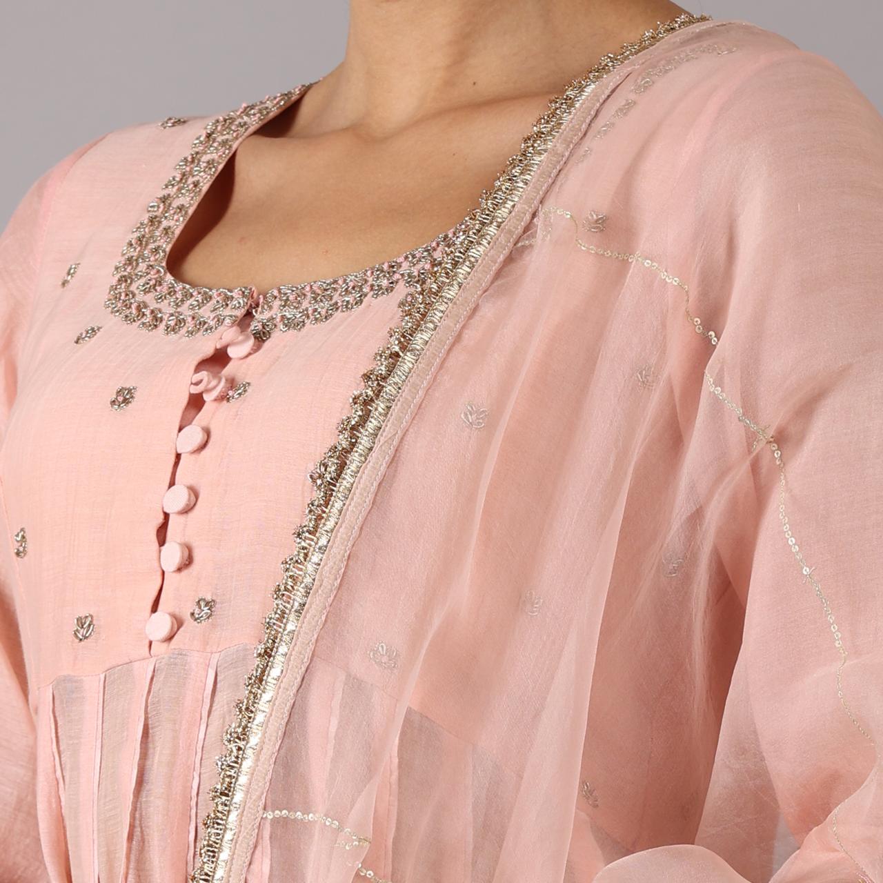 Elegant Blush Pink Anarkali Set with Intricate Detailing Zardozi work with Beads