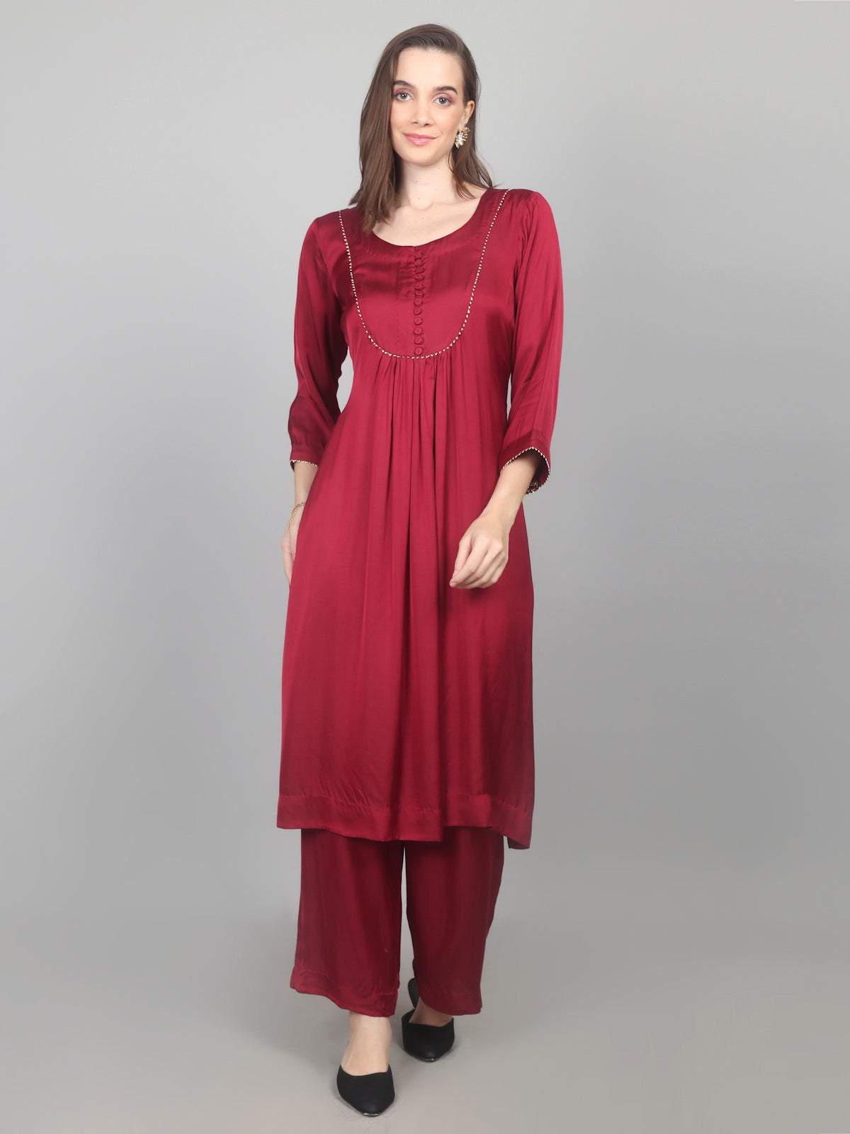 Crimson Charm Modal Satin Suit Set