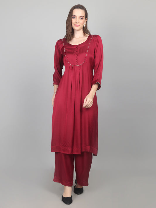 Crimson Charm Modal Satin Suit Set