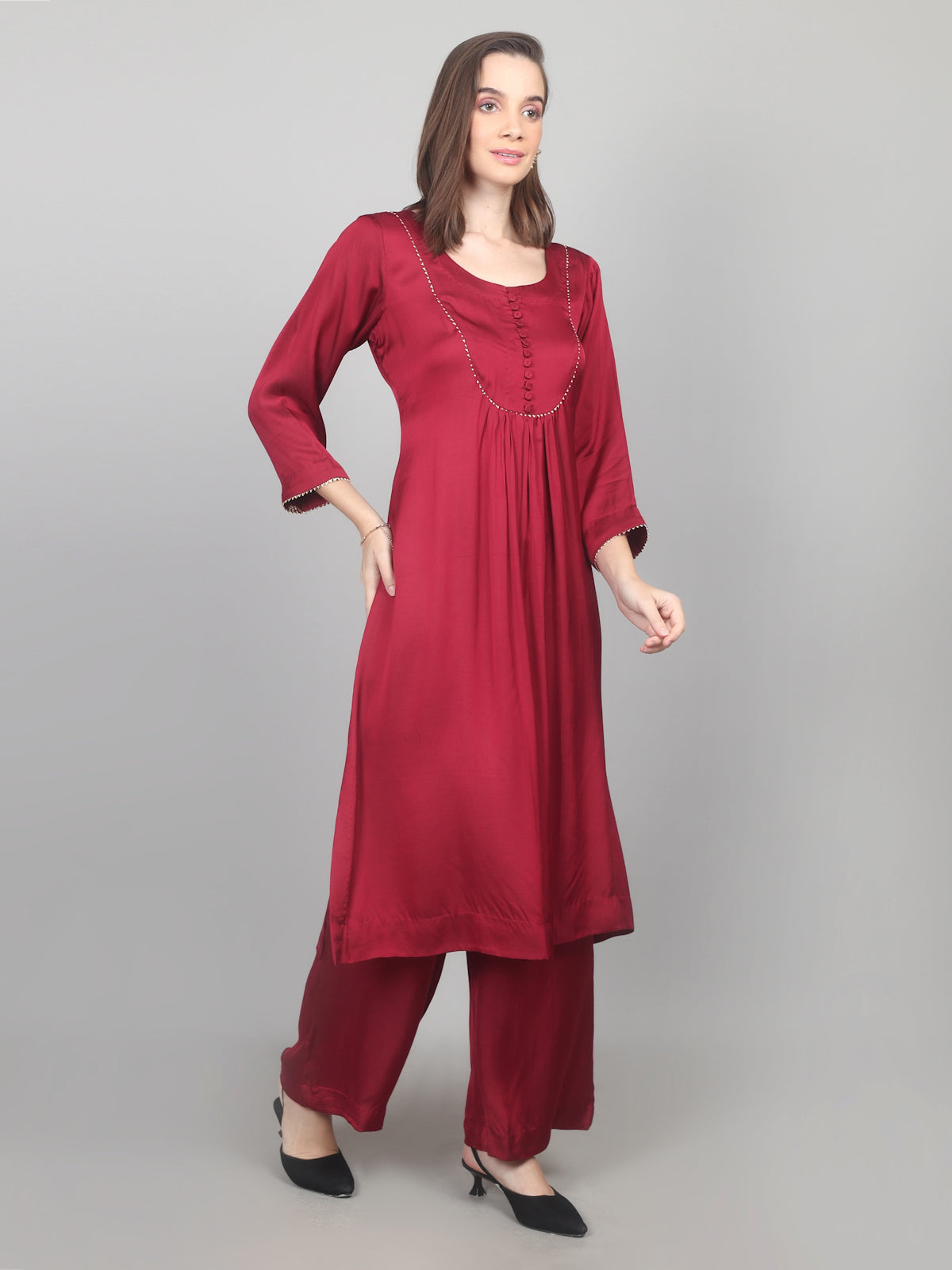 Crimson Charm Modal Satin Suit Set