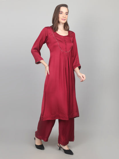 Crimson Charm Modal Satin Suit Set