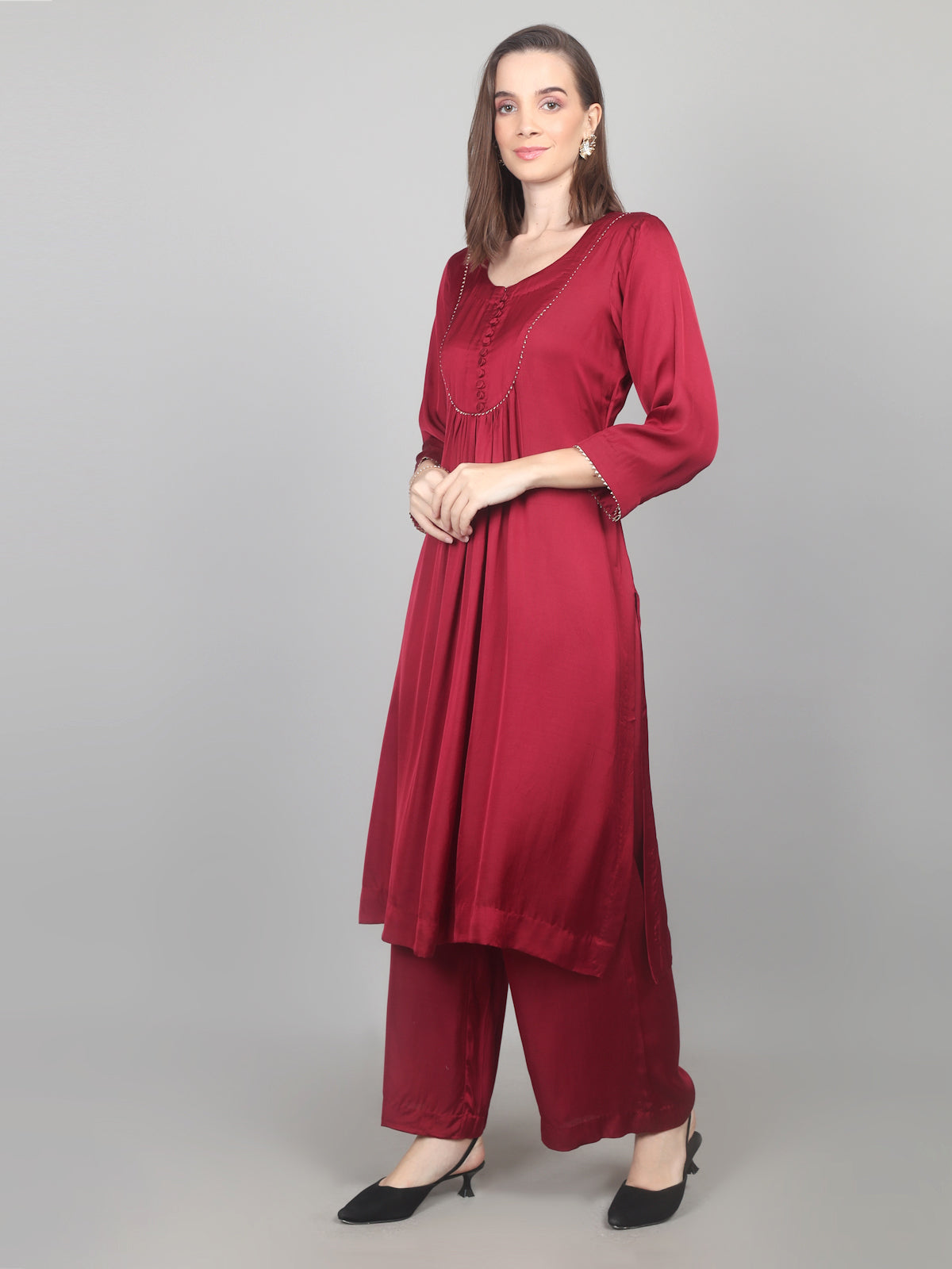 Crimson Charm Modal Satin Suit Set