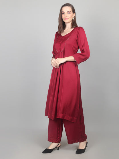 Crimson Charm Modal Satin Suit Set