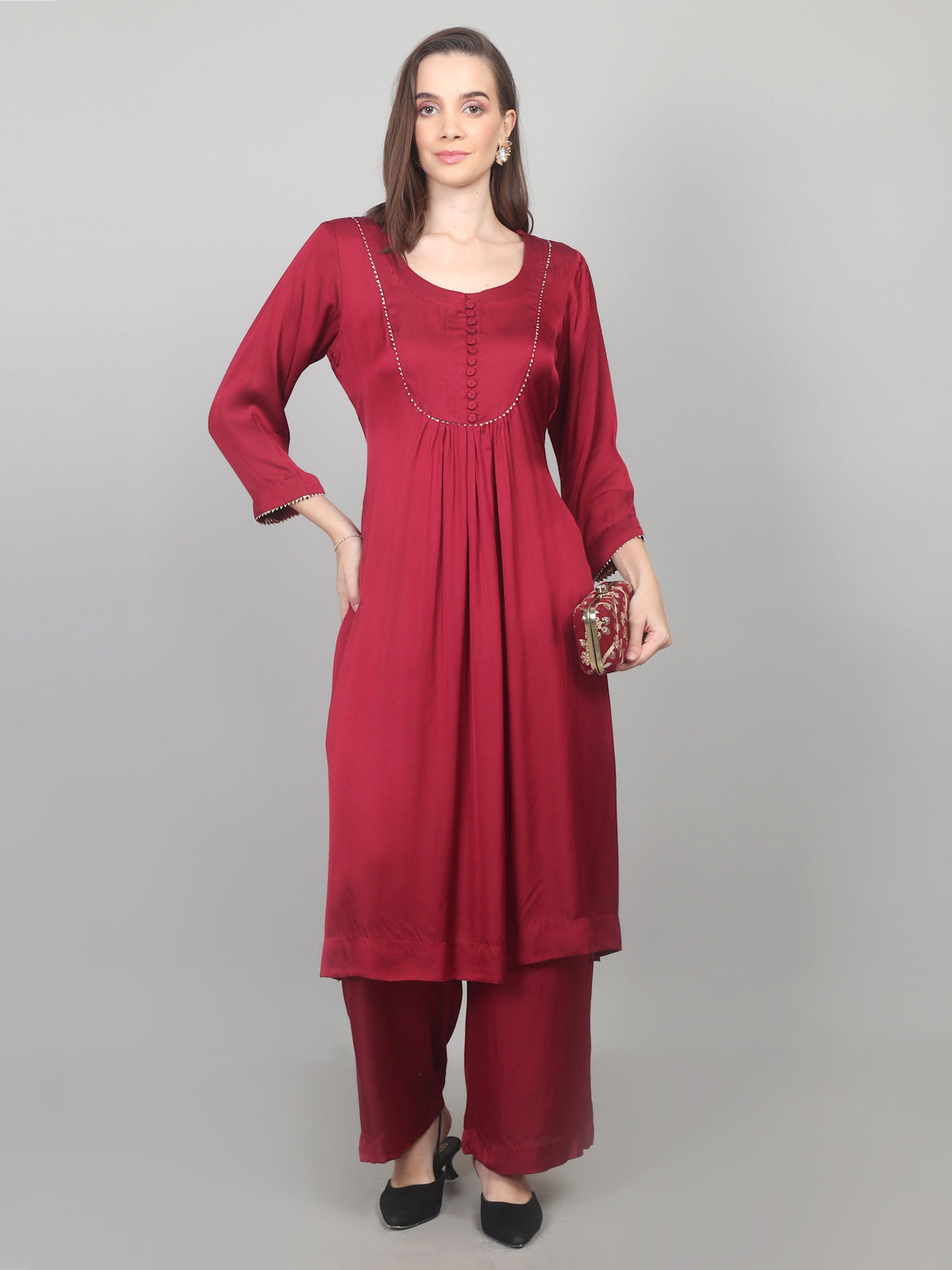 Crimson Charm Modal Satin Suit Set