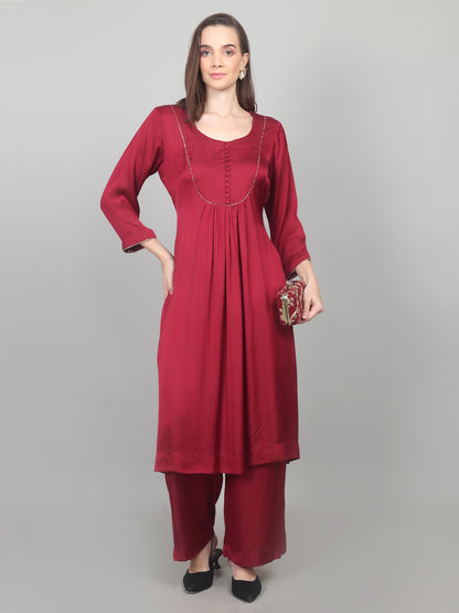 Crimson Charm Modal Satin Suit Set