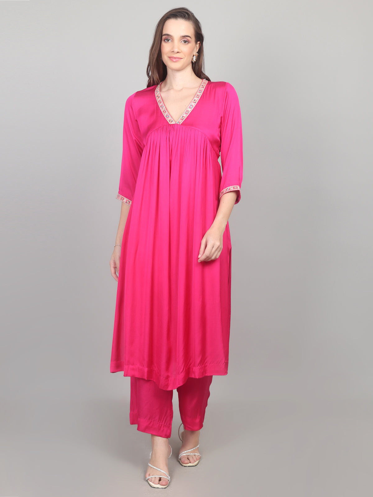 Fuchsia Bloom Modal Satin Flared Suit Set