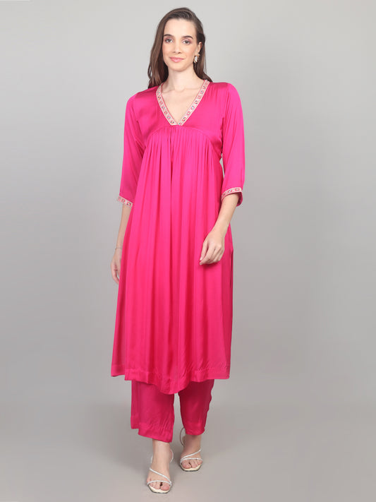 Fuchsia Bloom Modal Satin Flared Suit Set