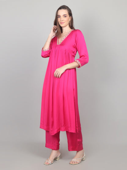 Fuchsia Bloom Modal Satin Flared Suit Set