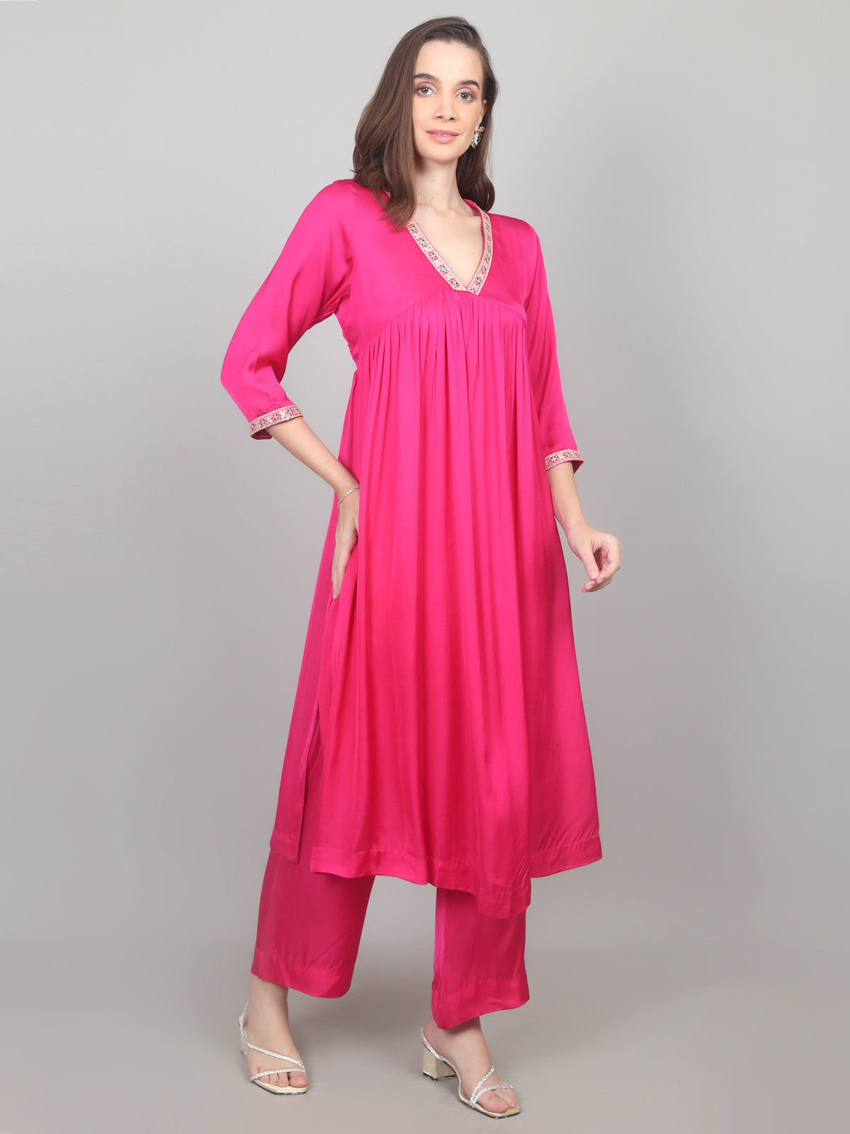 Fuchsia Bloom Modal Satin Flared Suit Set