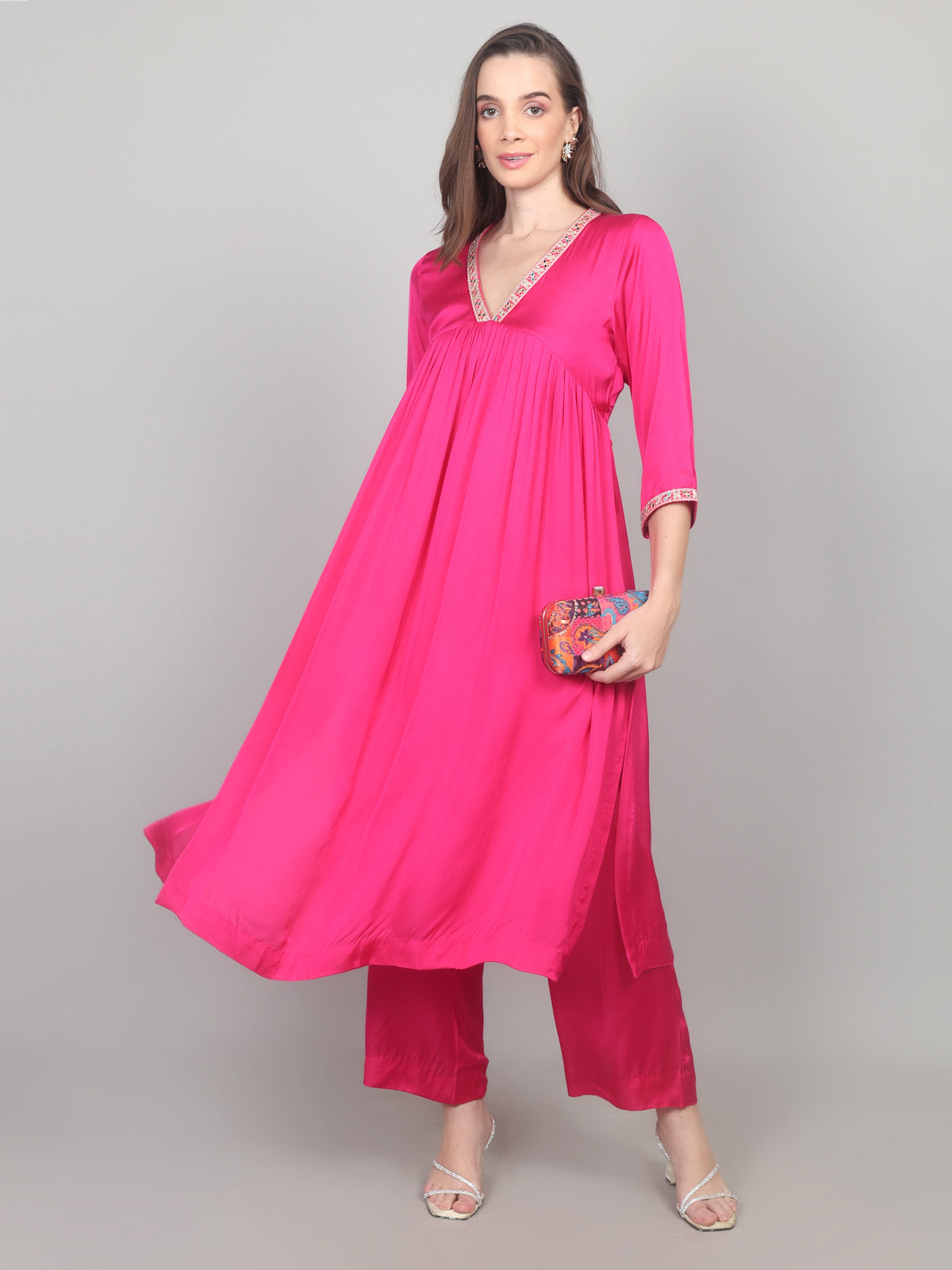 Fuchsia Bloom Modal Satin Flared Suit Set