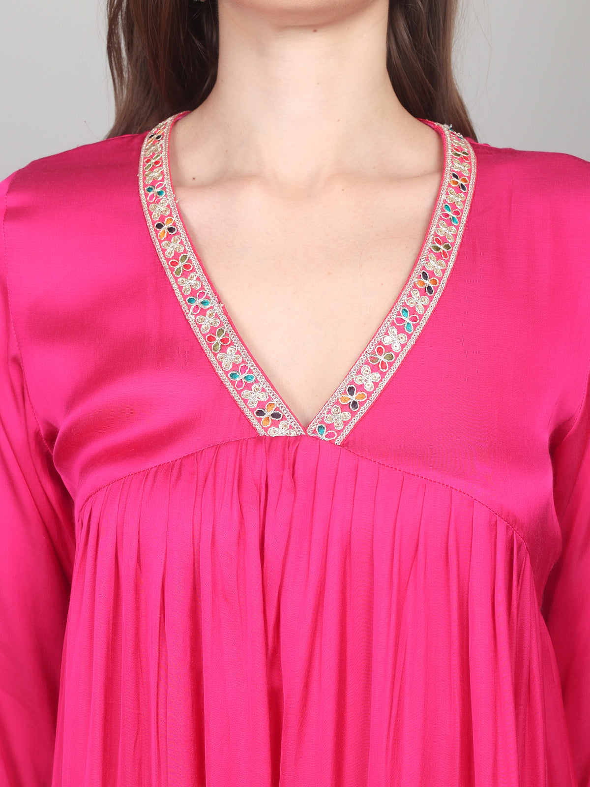 Fuchsia Bloom Modal Satin Flared Suit Set