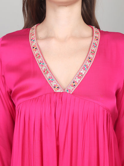 Fuchsia Bloom Modal Satin Flared Suit Set