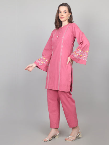 Rosewood Charm Embroidered Cotton Poplin Co-ord Set