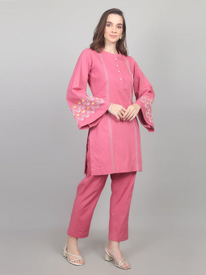 Rosewood Charm Embroidered Cotton Poplin Co-ord Set