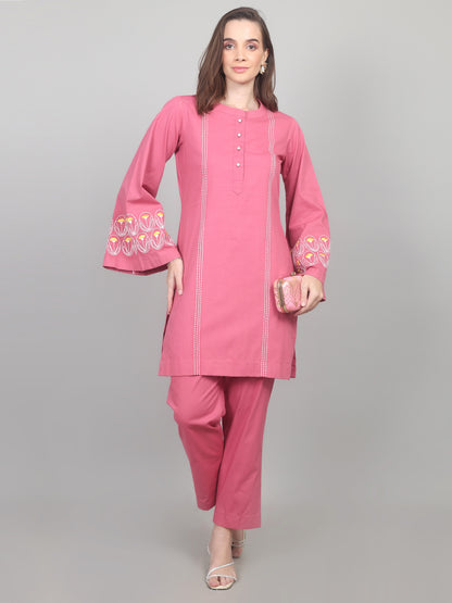 Rosewood Charm Embroidered Cotton Poplin Co-ord Set