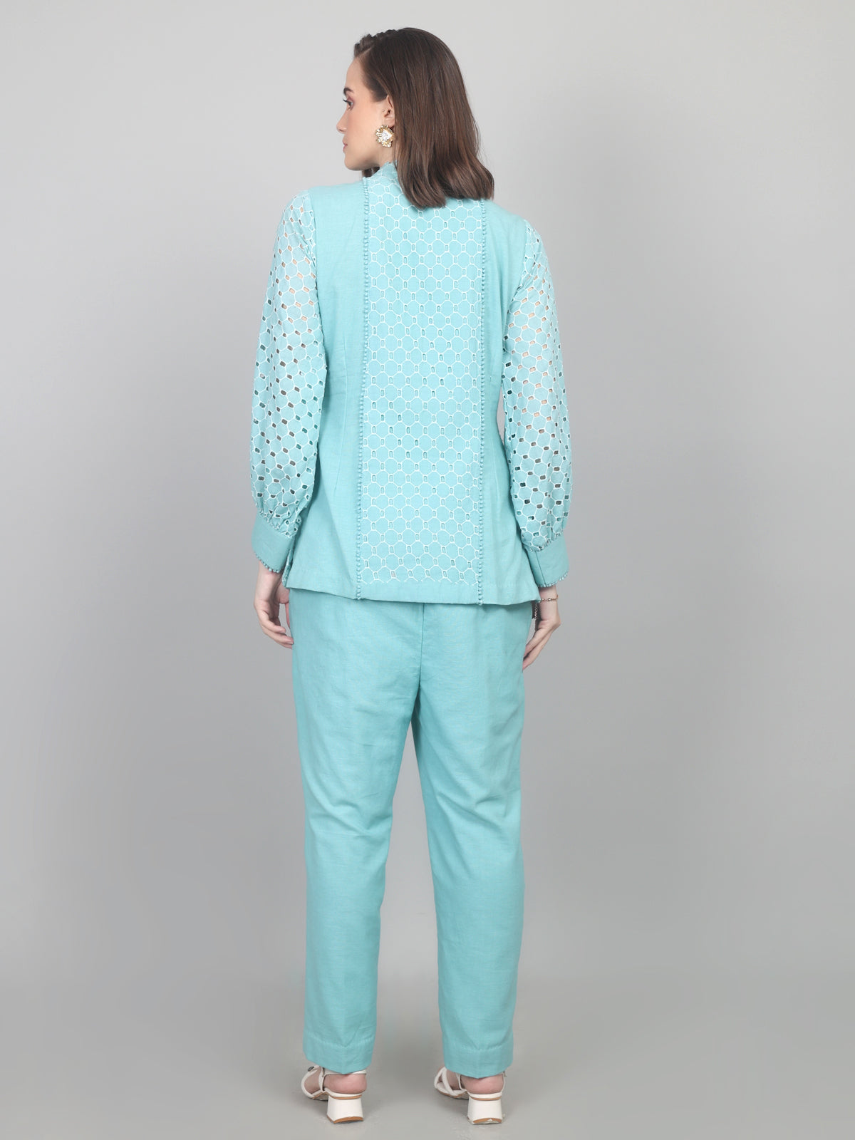 Turquoise Blue Elegance Cotton Schiffli Co-ord Set