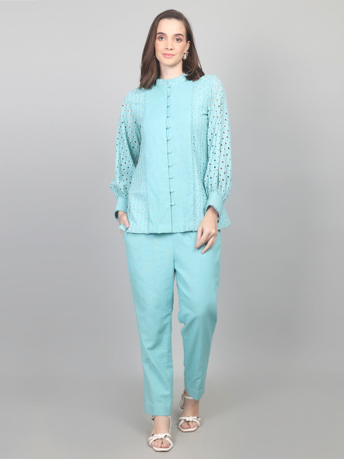 Turquoise Blue Elegance Cotton Schiffli Co-ord Set