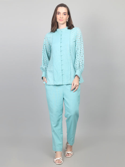Turquoise Blue Elegance Cotton Schiffli Co-ord Set