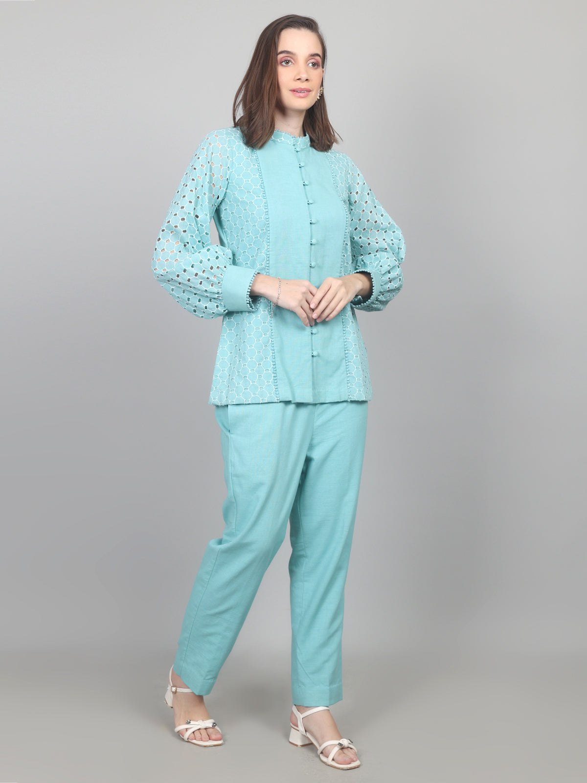 Turquoise Blue Elegance Cotton Schiffli Co-ord Set