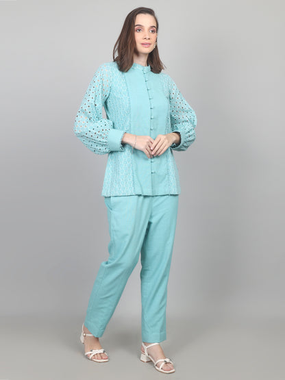 Turquoise Blue Elegance Cotton Schiffli Co-ord Set