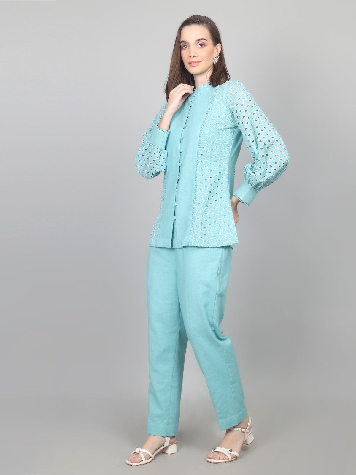 Turquoise Blue Elegance Cotton Schiffli Co-ord Set