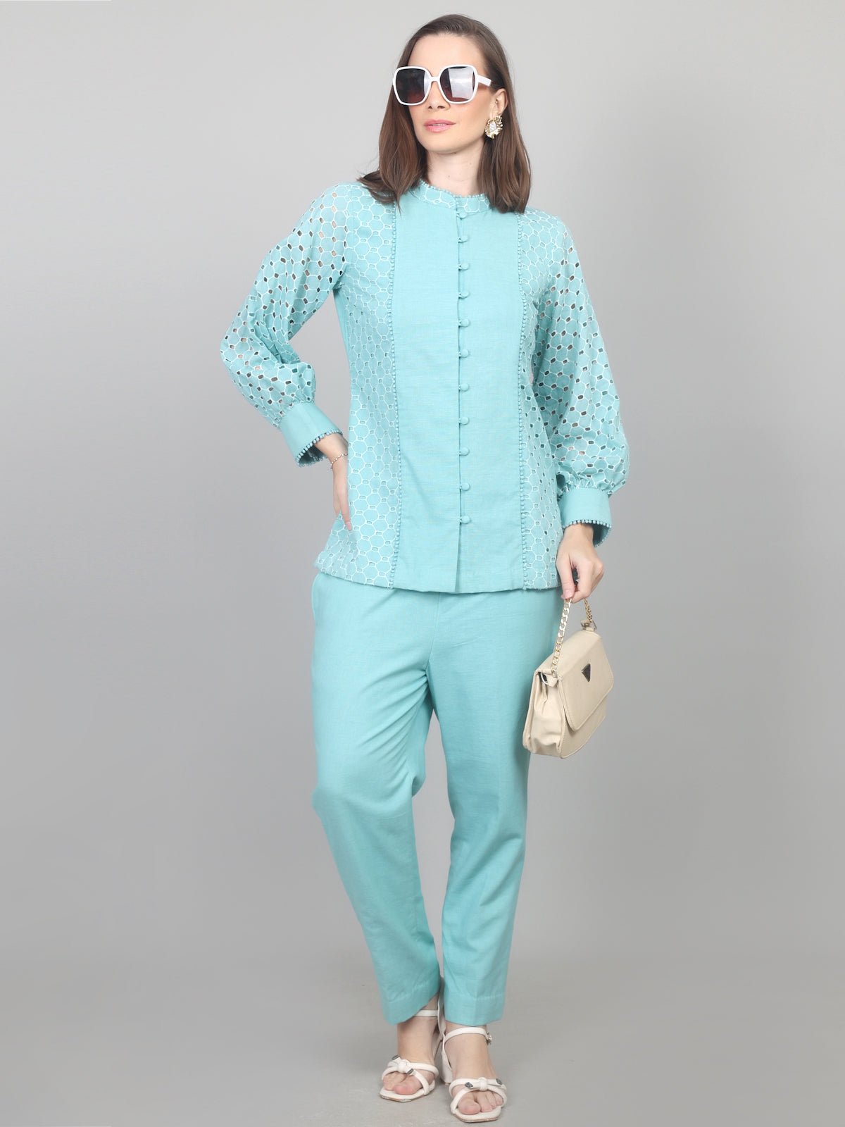 Turquoise Blue Elegance Cotton Schiffli Co-ord Set