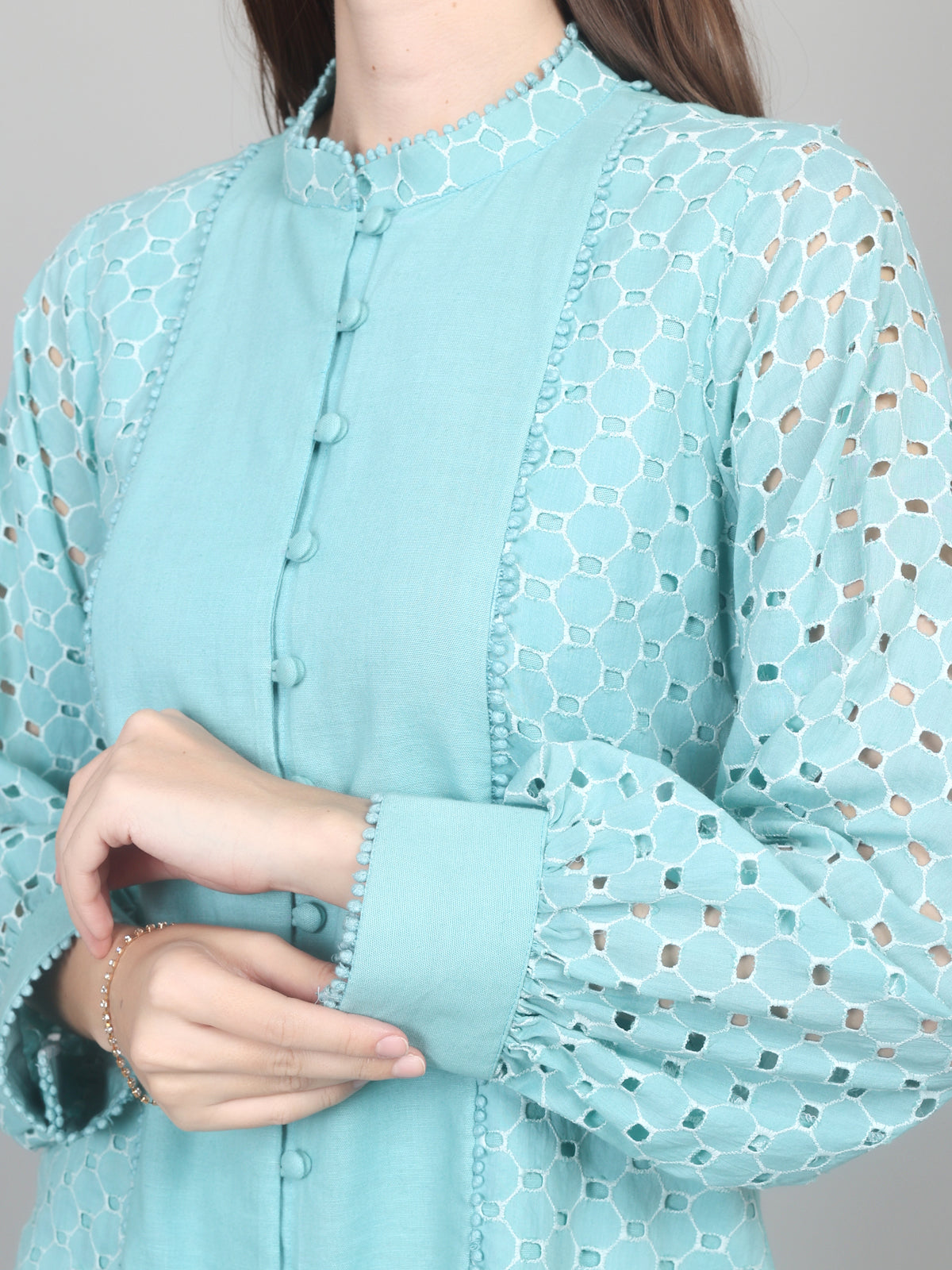Turquoise Blue Elegance Cotton Schiffli Co-ord Set