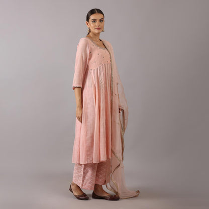 Elegant Blush Pink Anarkali Set with Intricate Detailing Zardozi work with Beads