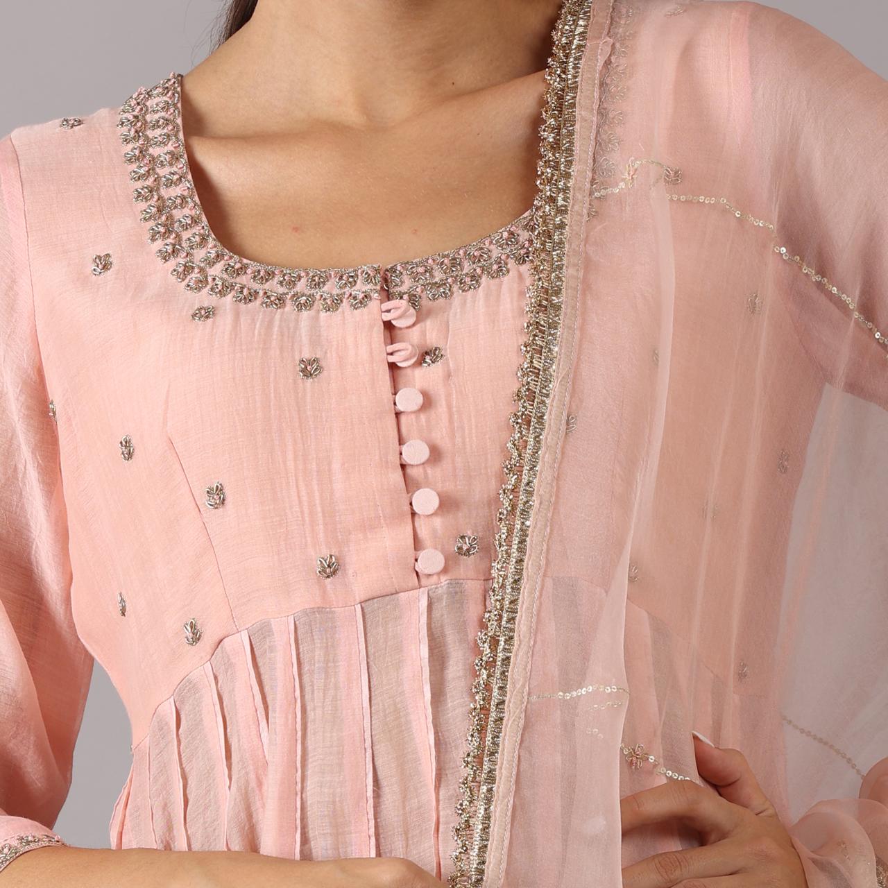 Elegant Blush Pink Anarkali Set with Intricate Detailing Zardozi work with Beads